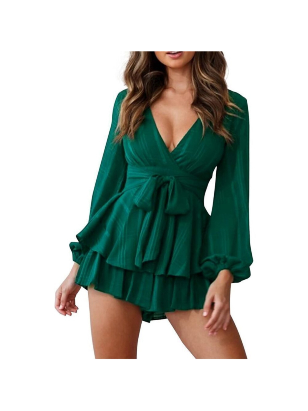 NEW Green Rompers V Neck Waist Tie Layered Ruffle Hem S